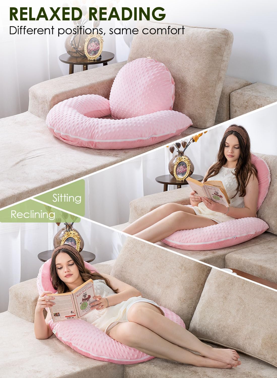 INSEN Reading Pillow with Back Support, Sit Up Bed Pillow for Reading, Nursing & Relaxation, for Adults, Moms and Kids, Pink Bubble Velvet