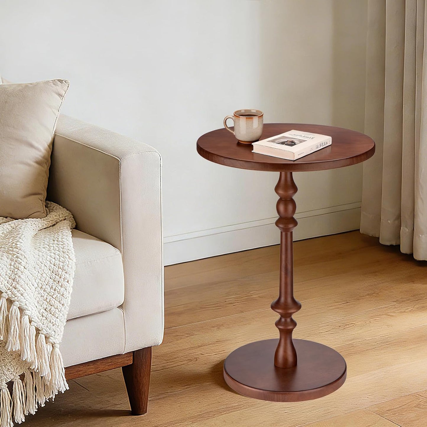 Solid Wood Round Side Table, 15.75" Small Drink Table with Non-Slip Pedestal Base, Modern End Table Accent Table for Living Room and Bedroom, Brown