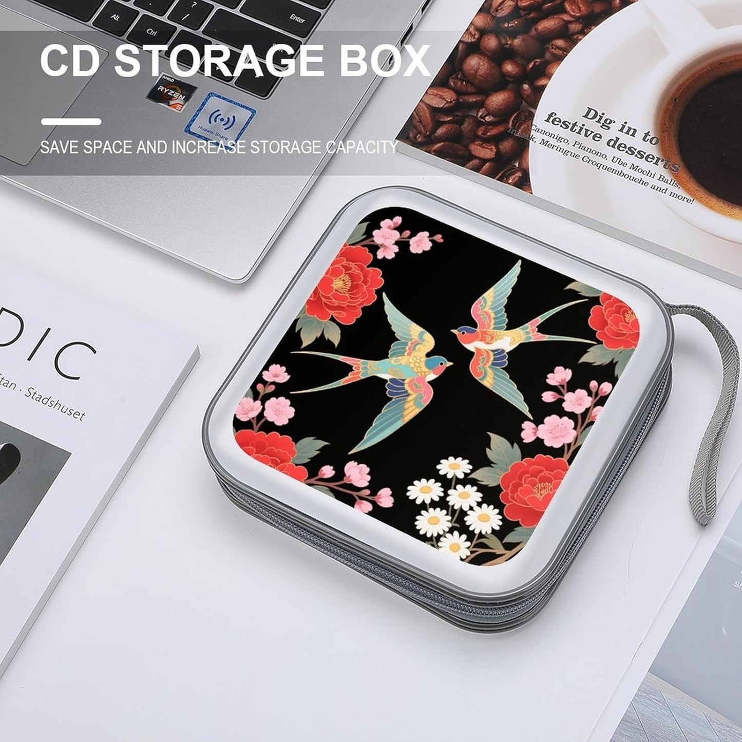 Two Colorful Flying Birds CD Case Portable Zipper CD Case 40 Capacity Hard Plastic DVD Cases Holder Large Storage Disc Wallet Bag for Car Home Travel DVD Collection Bag