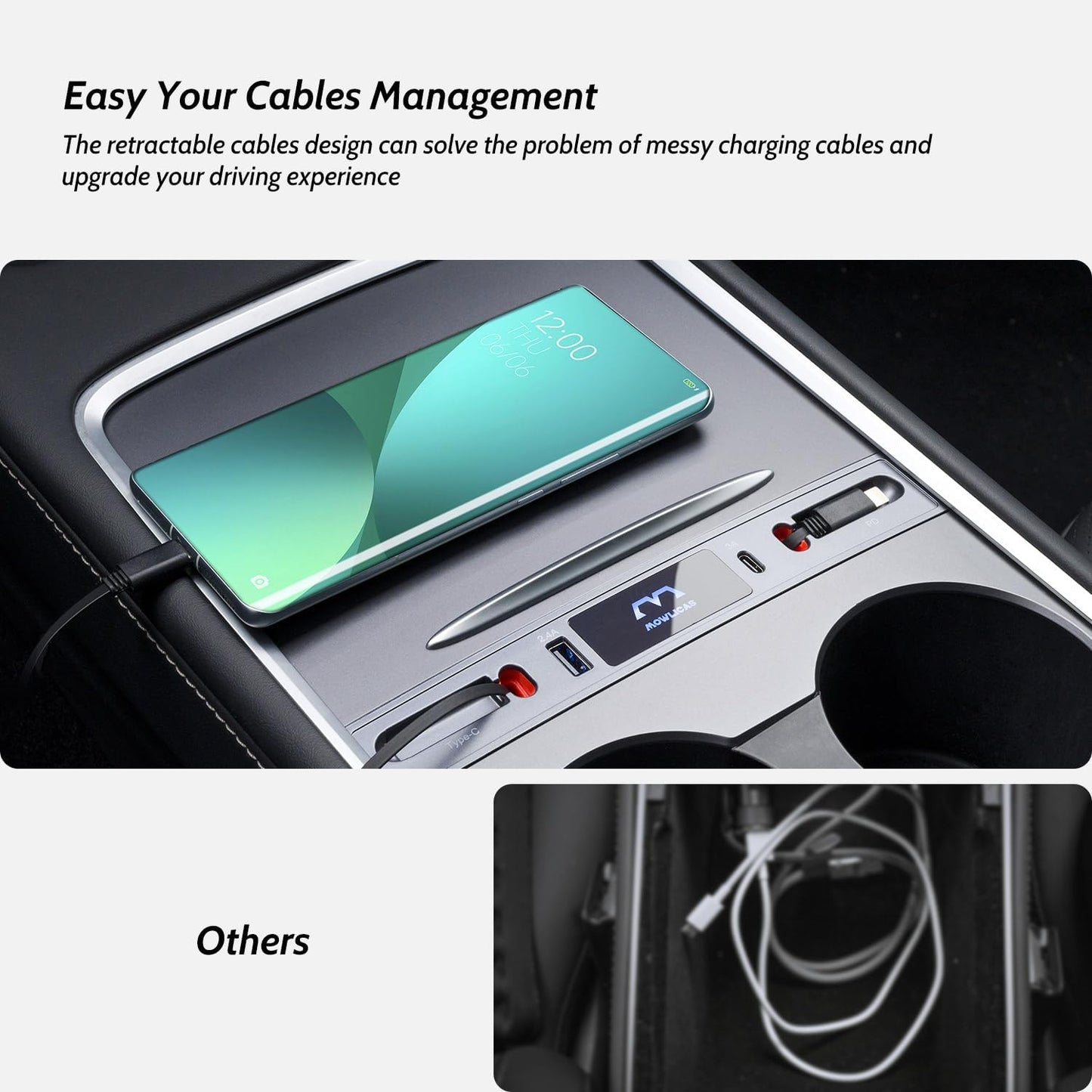 Upgrade Touch Switch Hub for Tesla (White), Retractable Phone Fast Charger is Necessary Tesla 2021-2024 Model 3/Y Accessories (not Highland Compatible), Gifts for Tesla Owners