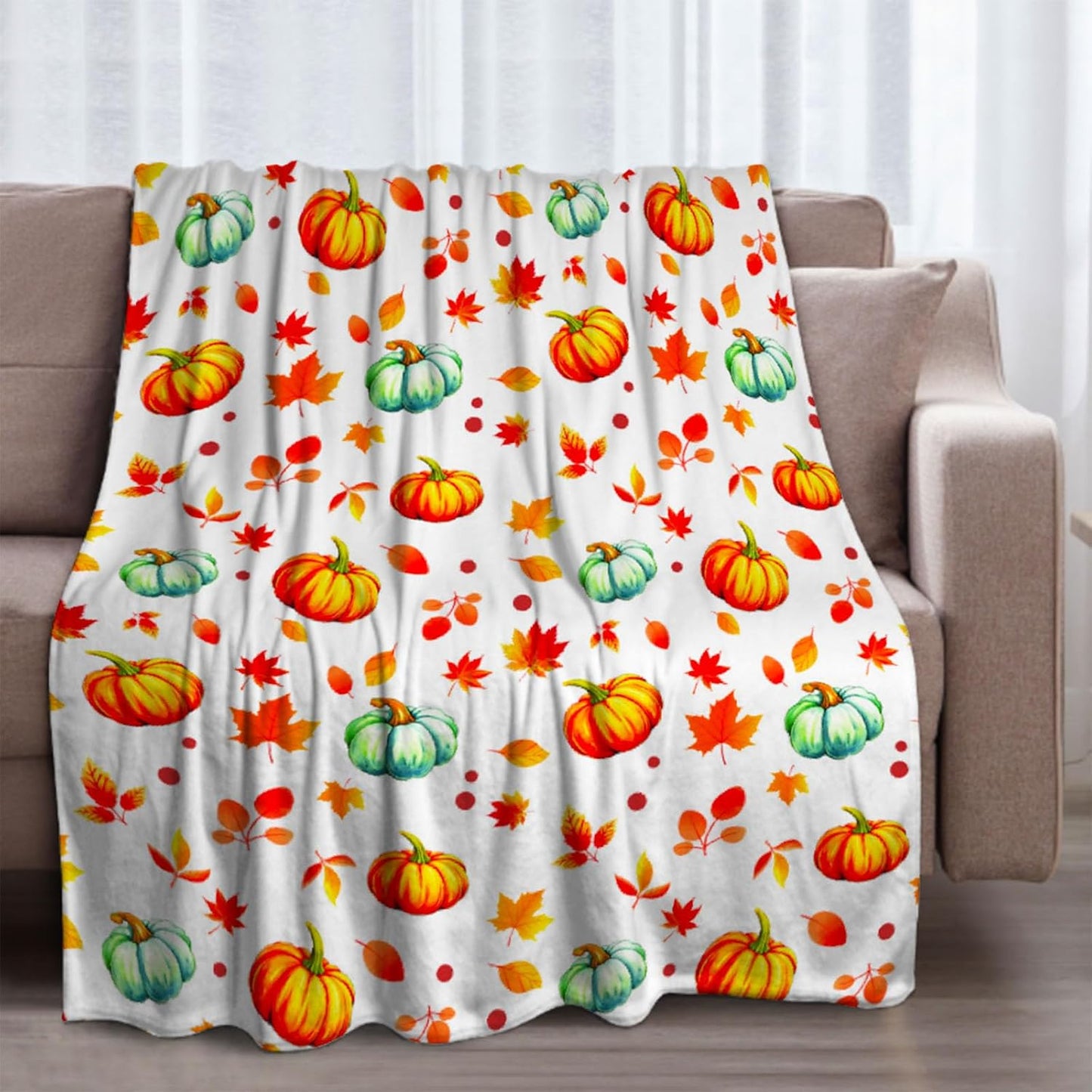 Pumpkins Throw Blanket, Orange Blue Pumpkins and Leaves Soft Flannel Blanket for Living Room Couch Bed Chair and Throws for Home, Blanket 60"x50"
