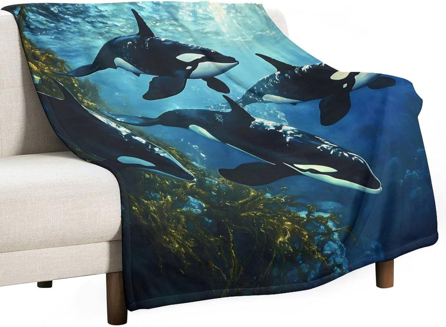 Killer Whales Swim Throw Blanket for Couch Bed Plush Cozy Fuzzy Flannel Blanket for All Season 70"x80"