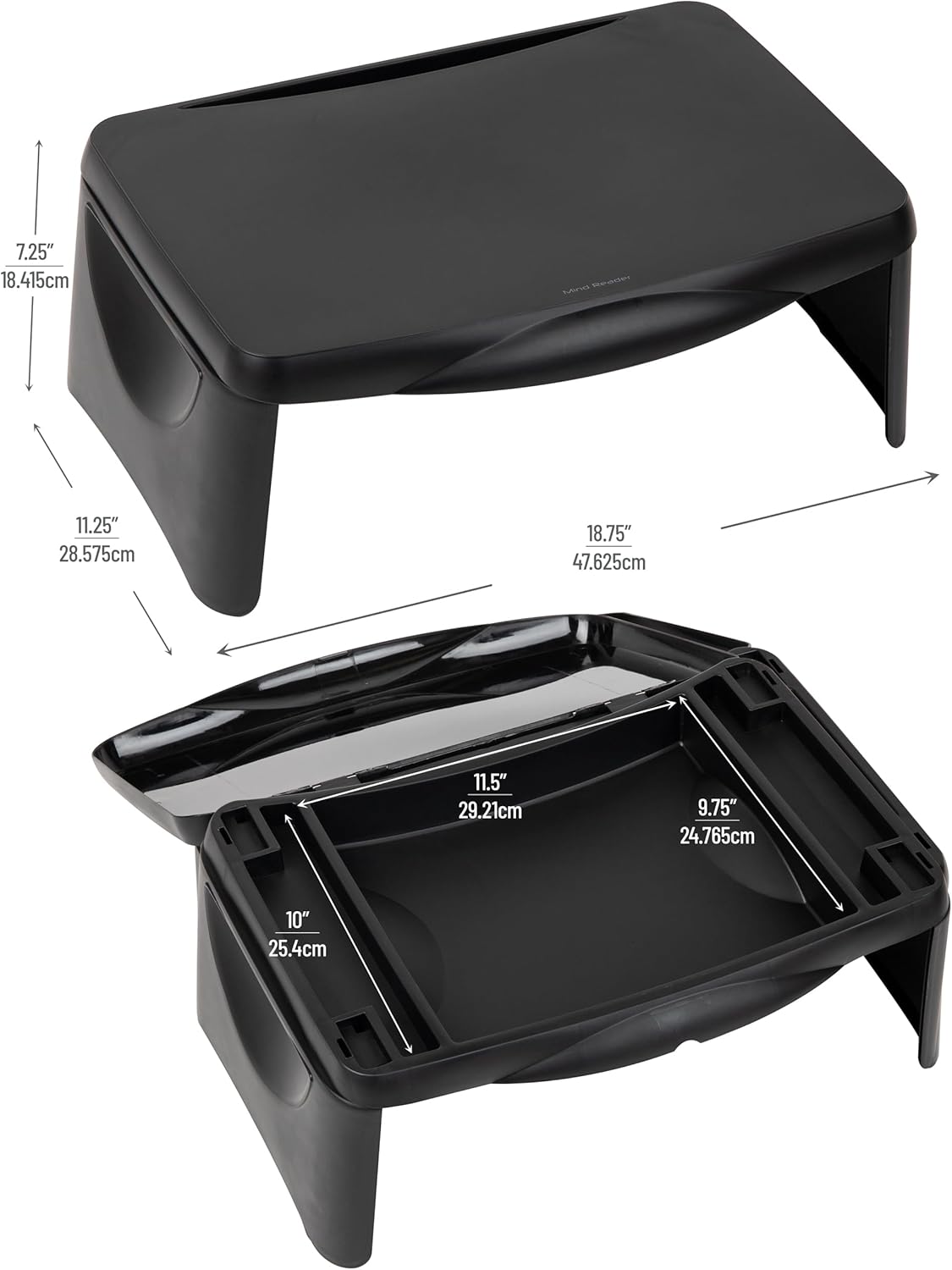 Mind Reader Lap Desk/Laptop Stand, Bed Tray, Folding Legs, Portable, Dorm, Plastic, 18.75" L x 11.25" W x 7.25" H, Black