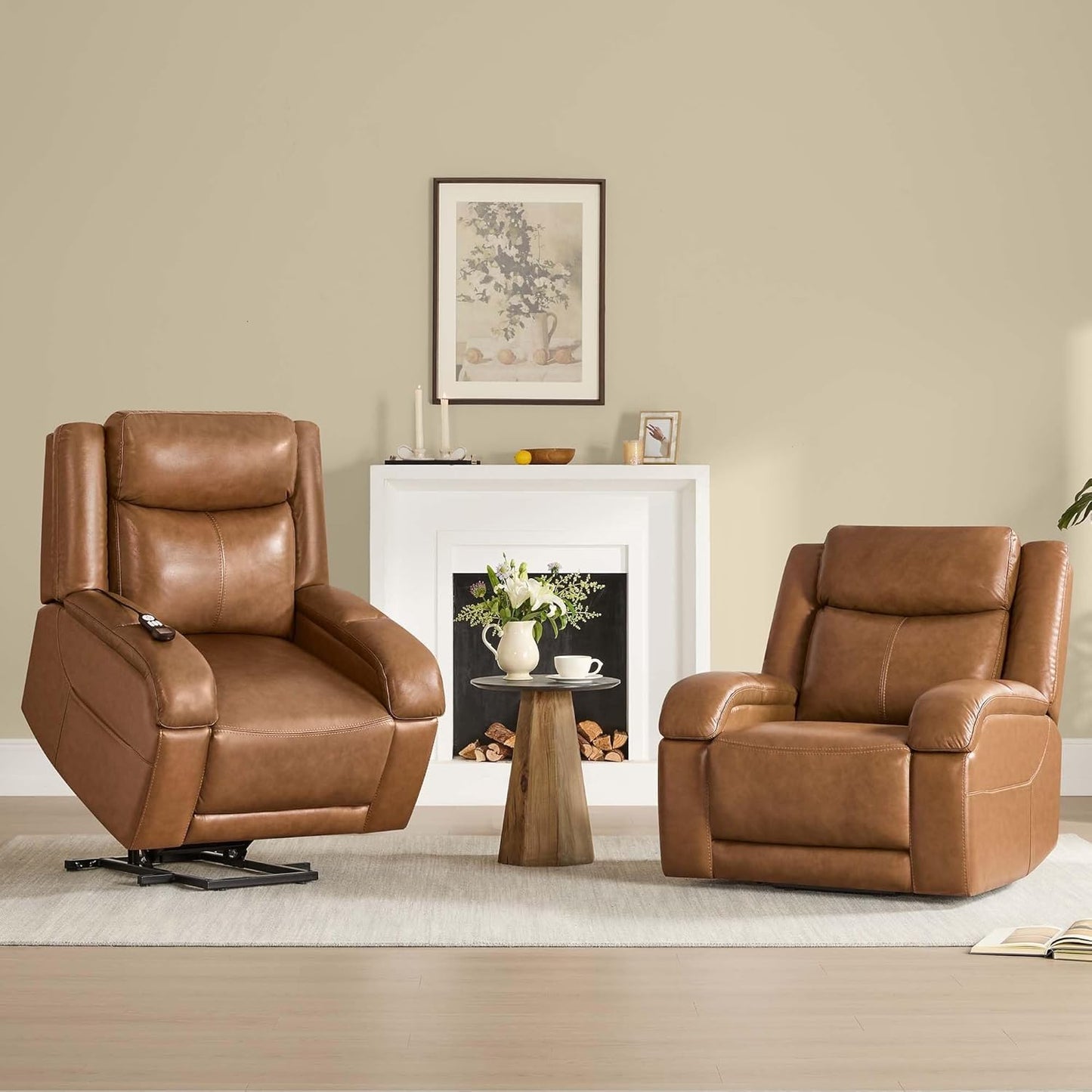 Genuine Leather Power Lift Recliner Chair with Heat and Massage Electric Lay Flat Chairs Headrest Visual Remote Control for Living Room Bedroom