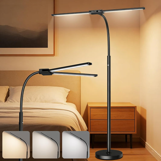 Rechargeable Cordless Floor Lamp with Battery 8000mAh, 15W Dual Head Adjustable Gooseneck LED Reading Lamp, Bright Floor Standing Light for Home, IP54 Rated