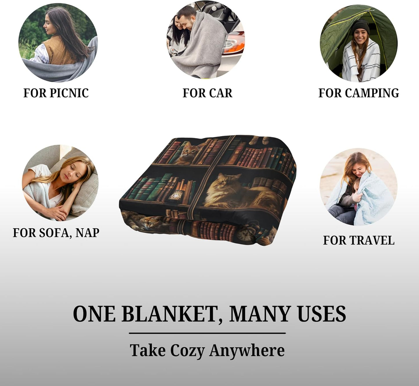 Cozy Book Blanket 50x60, Reading Throw for Readers, Book Lovers Gifts for Women, Reader Gifts, Bookish Present, Librarian Gift, Bookworm Idea, Couch Bed Decor, Vintage Library Bookshelf Cats Print