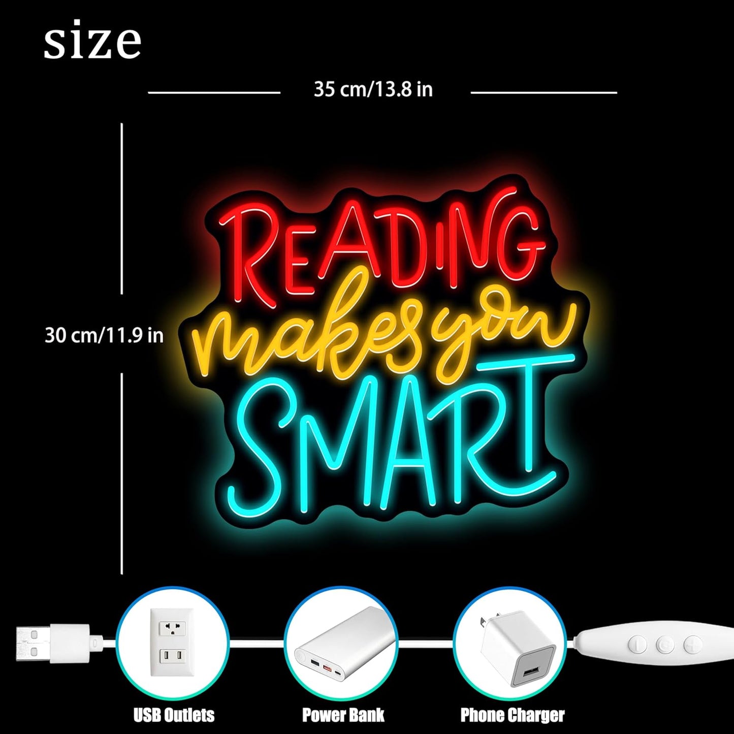 Reading Makes You Smart Neon Sign,Dimmable Neon Lights for Bedroom,USB Powered Neon Wall Sign,Led Neon Signs for Man Cave,Bookstore Library Study Room Wall Decor Gifts 11.9x13.8 inches.