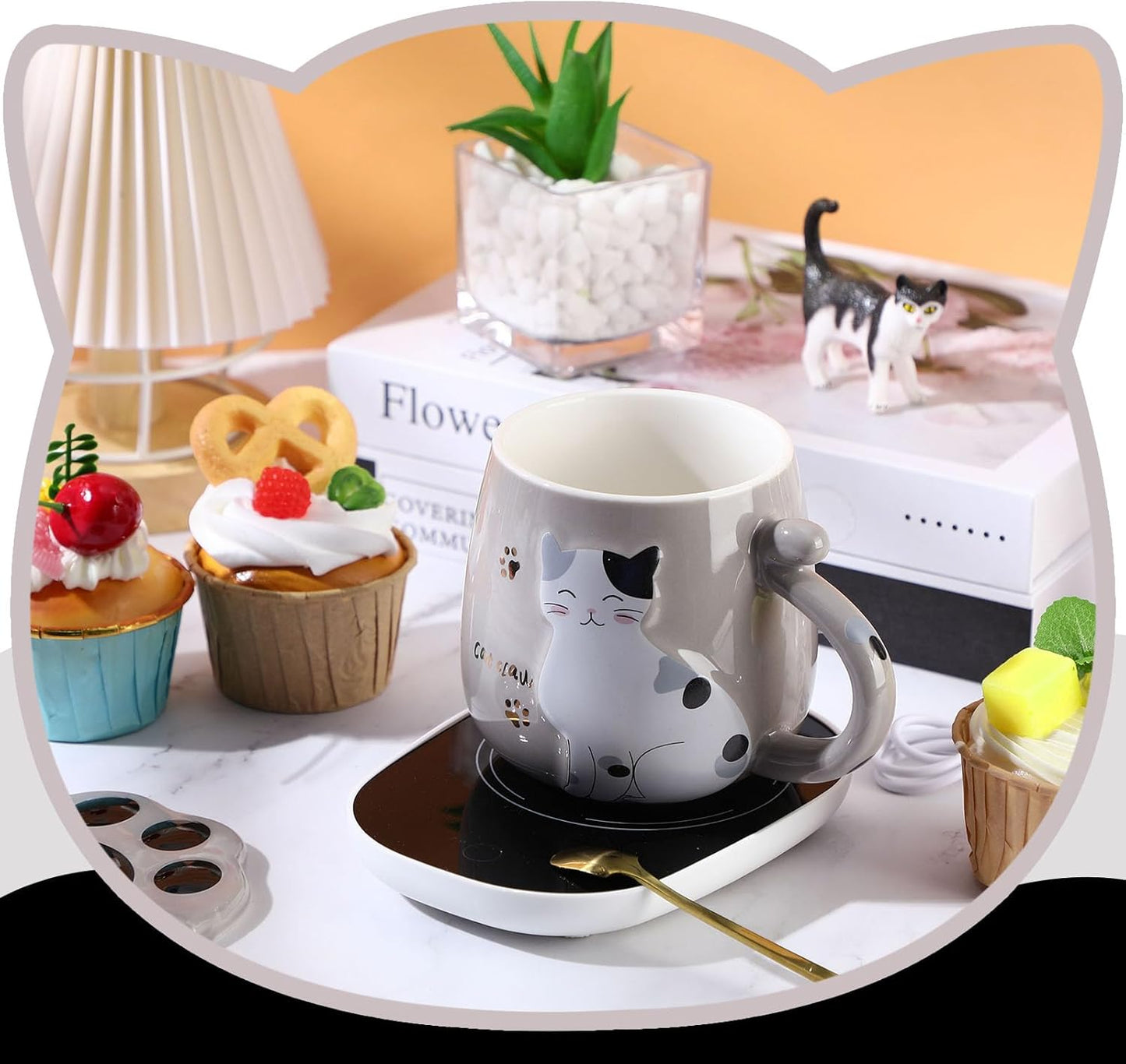 Honeydak Coffee Mug Warmer Cute Cat Mug Set Cup Warmer for Women Heated Coffee Warmers for Mom Home Office Desk Valentine's Day Anniversary Birthday Gifts(Cat,Gray)