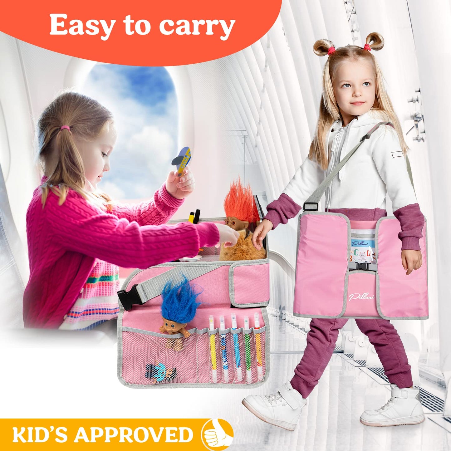 PILLANI Kids Travel Tray for Car - Car Seat Tray for Kids Travel, Road Trip Essentials, Carseat Table for Roadtrip Activities - Must Haves Toddler Lap Desk Organizer for Airplane - Car Accessories