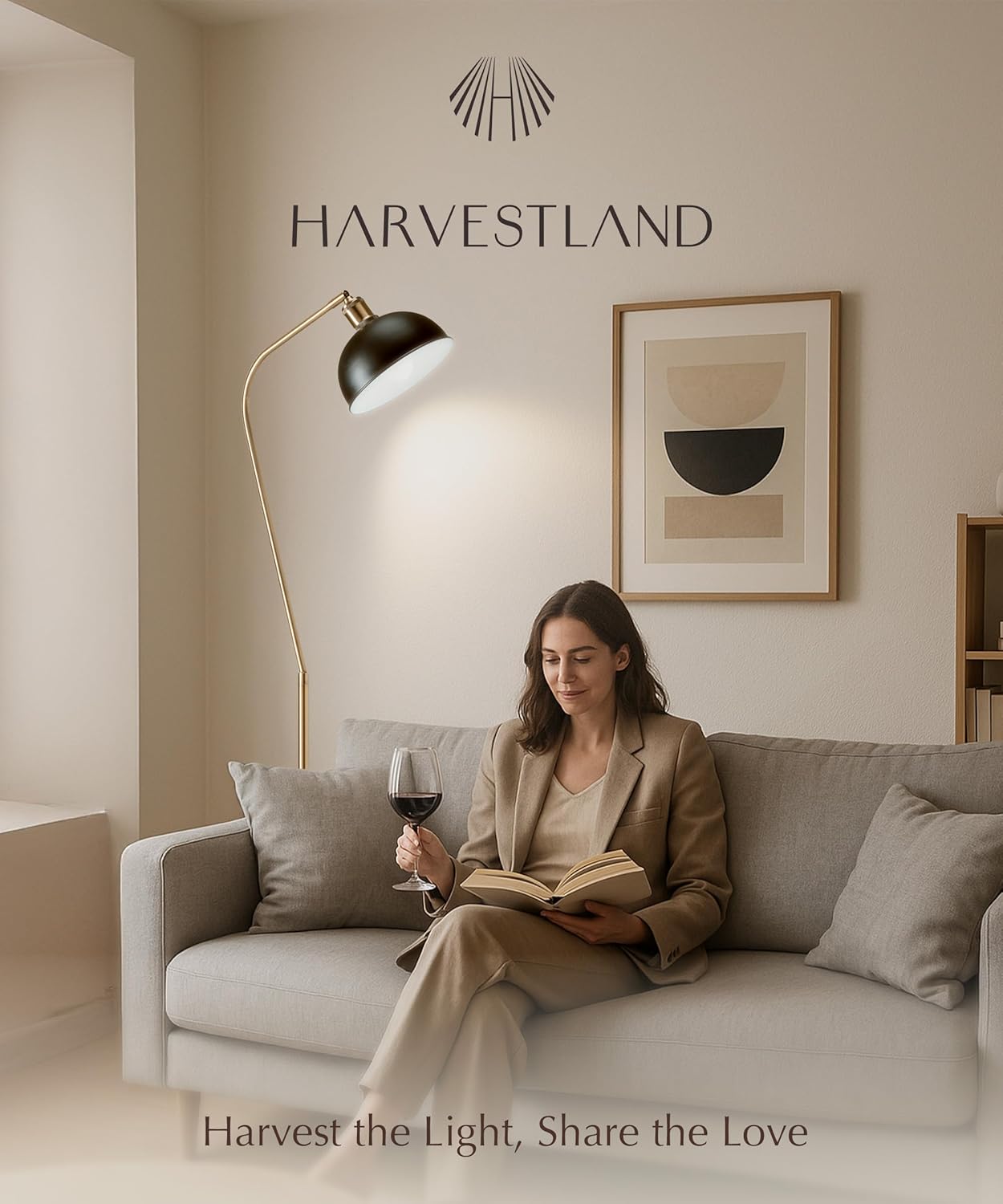 HarvestLand Halo Brass Floor Lamp Standing Reading Lamps Solid Base, Reading Lamp for Living Room, Bedside Table or Over Chair Use, Reading Light Standing Lamp, Adjustable Pharmacy Floor Lamp- Black