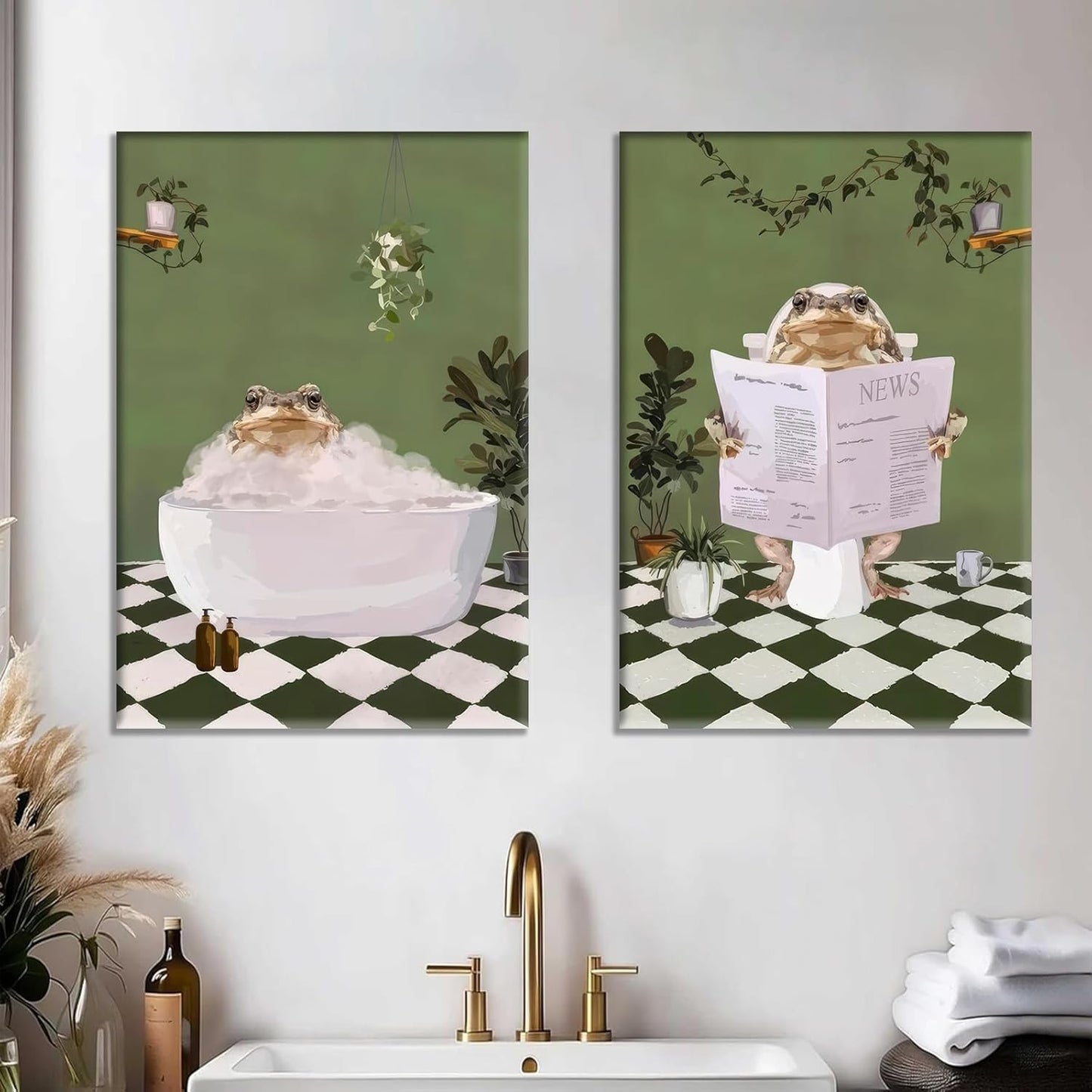 2Pcs Bathroom Frog Wall Art Creativity Aesthetic Maximalist Green Posters Pictures Frog in Bathtub Canvas Painting Funny Retro Eclectic Animal Reading Newspaper Prints Humor Toilet Wall Decor Framed