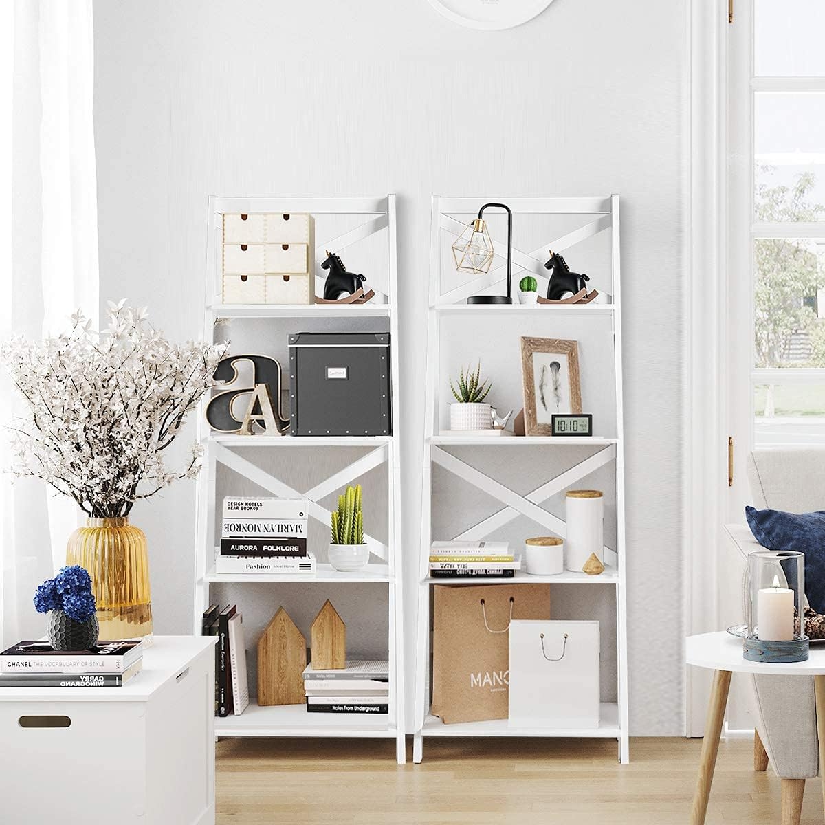 4-Layer Ladder Shelf Rack, Free Standing Wooden Bookcase, Flower Plants Display Shelf, Multifunctional Storage Bookshelf for Entryway Living Room Kitchen Bedroom Office (1, White)