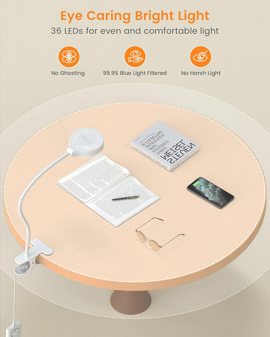Glocusent 5W 36 LED Reading Clip on Light for Bed, Eye Caring Bed Lamp, 3 Colors & 5 Brightness Levels for Headboard with Adapter, Perfect for Reading, Working & Studying (White)