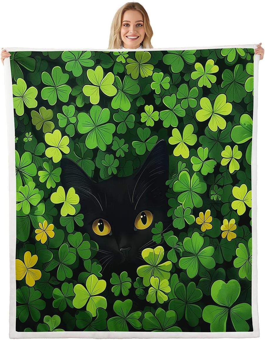 Manfei St. Patrick's Day Throw Blanket Cute Cat Green Clover Fleece Blanket, Lucky Shamrock Leaf Cozy Throws for Bed Couch Sofa, Kids Girls Room Decor, Soft and Breathable(60 x 80 Inches)
