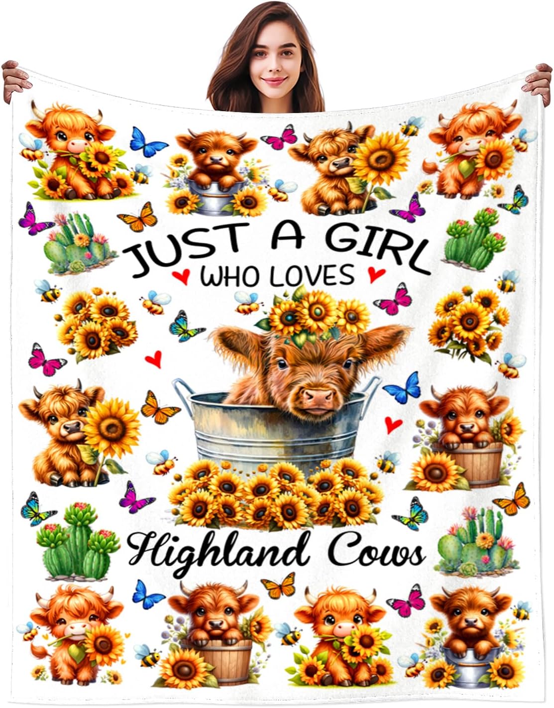 Highland Cow Gifts Sunflower Highland Cow Print Blanket Throw Plush Stuff Cute Animal Butterfly Gifts for Girls Kids Women Adults Highland Cow Lovers Birthday Decorations 50"X40"