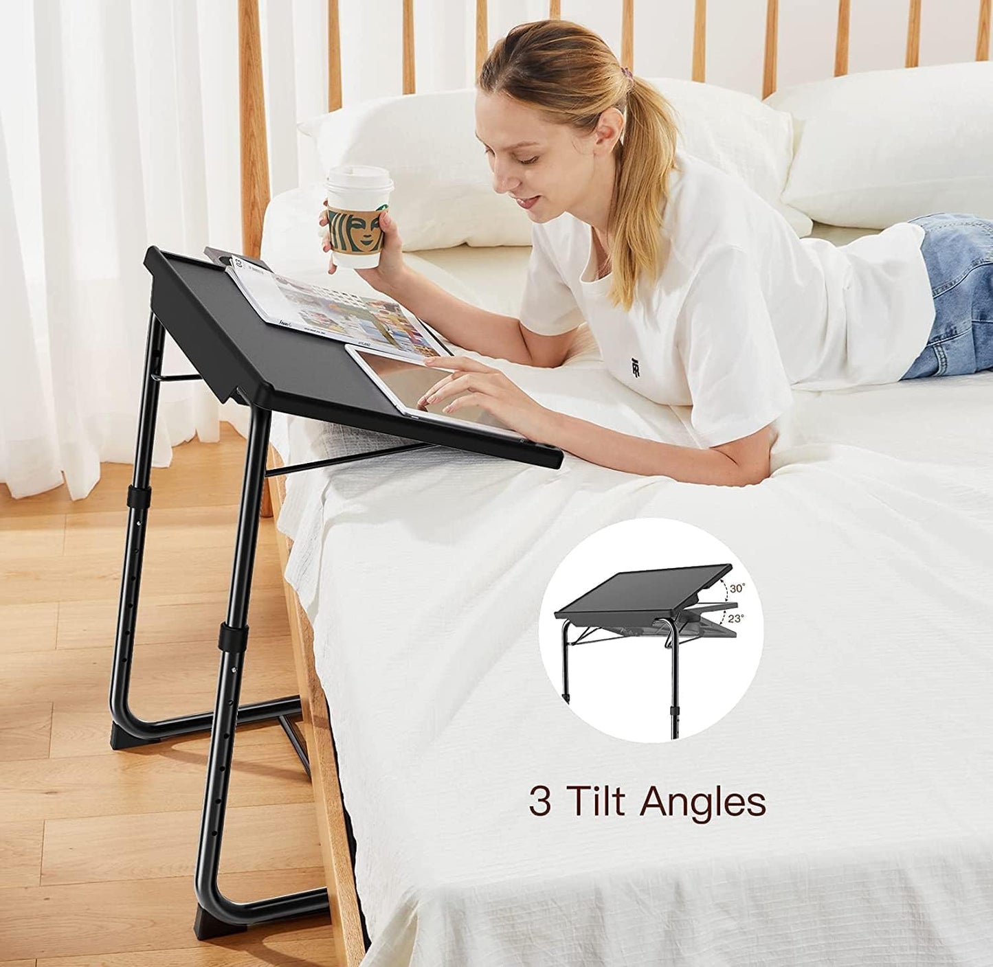 HUANUO Adjustable TV Tray Table - TV Dinner Tray on Bed & Sofa, Comfortable Folding Table with 6 Height & 3 Tilt Angle Adjustments (Black)
