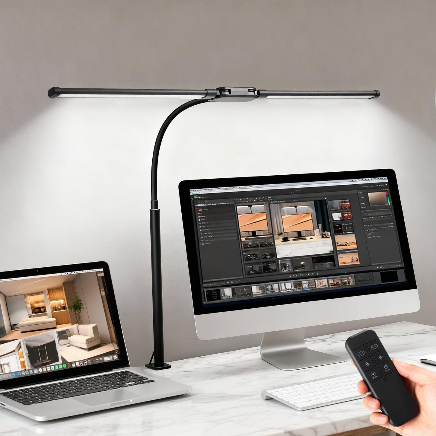 LED Desk Lamp with Clamp, Double Head Adjustable Architect Light, Eye-Caring Monitor Desk Lamp for Home Office, Flexible Gooseneck Task Lamp with 10 Brightness Levels & 5 Color Temperature Modes Black
