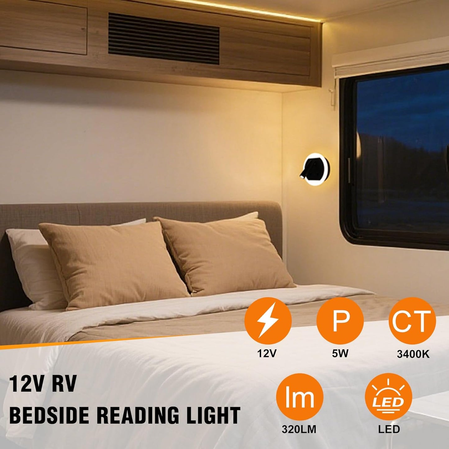 Facon 12V RV Wall Sconce Reading Light with w/18W USB-C Fast Charger, 270° Rotatable Spot Lights with Independent Switches, RV Interior Light for Bedroom, Camper, Trailer, Tiny Homes