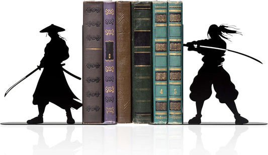Samurai Bookends for Bookshelves - Anime Inspired Metal Bookends Set, Japanese Warrior Sculpture Book Ends for Home Office Decor, Decorative Bookends Gift