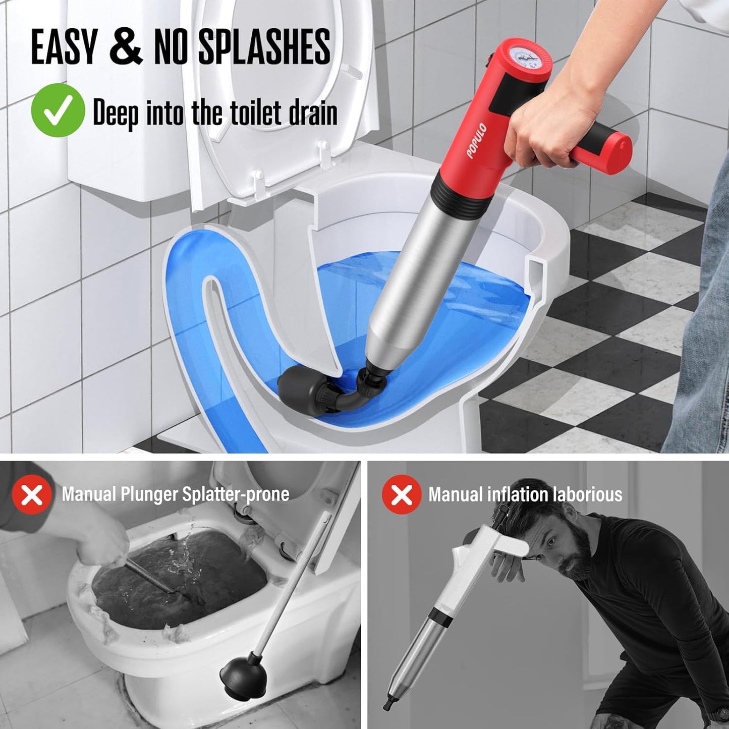 POPULO Electric Toilet Plunger Swift High Pressure Drain Unclogger Plungers for Bathroom, Floors, Shower Heavy Duty Versatile Home Toilet Clog Remover