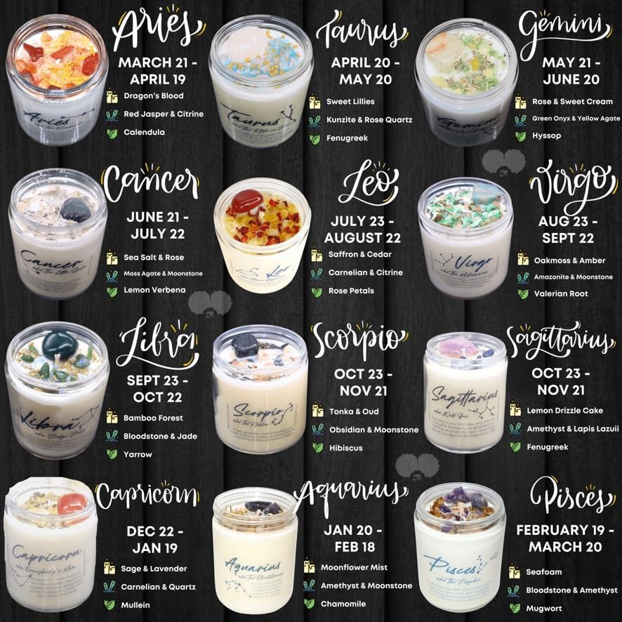 BlkGrlMagick TAURUS Zodiac Crystal Candle, White Tea Leaves Scent Kunzite, Rose Quartz, Fenugreek, Handmade April May Birthday Candles, Astrology Gifts for Sun Moon Rising Sign (16oz Jar)