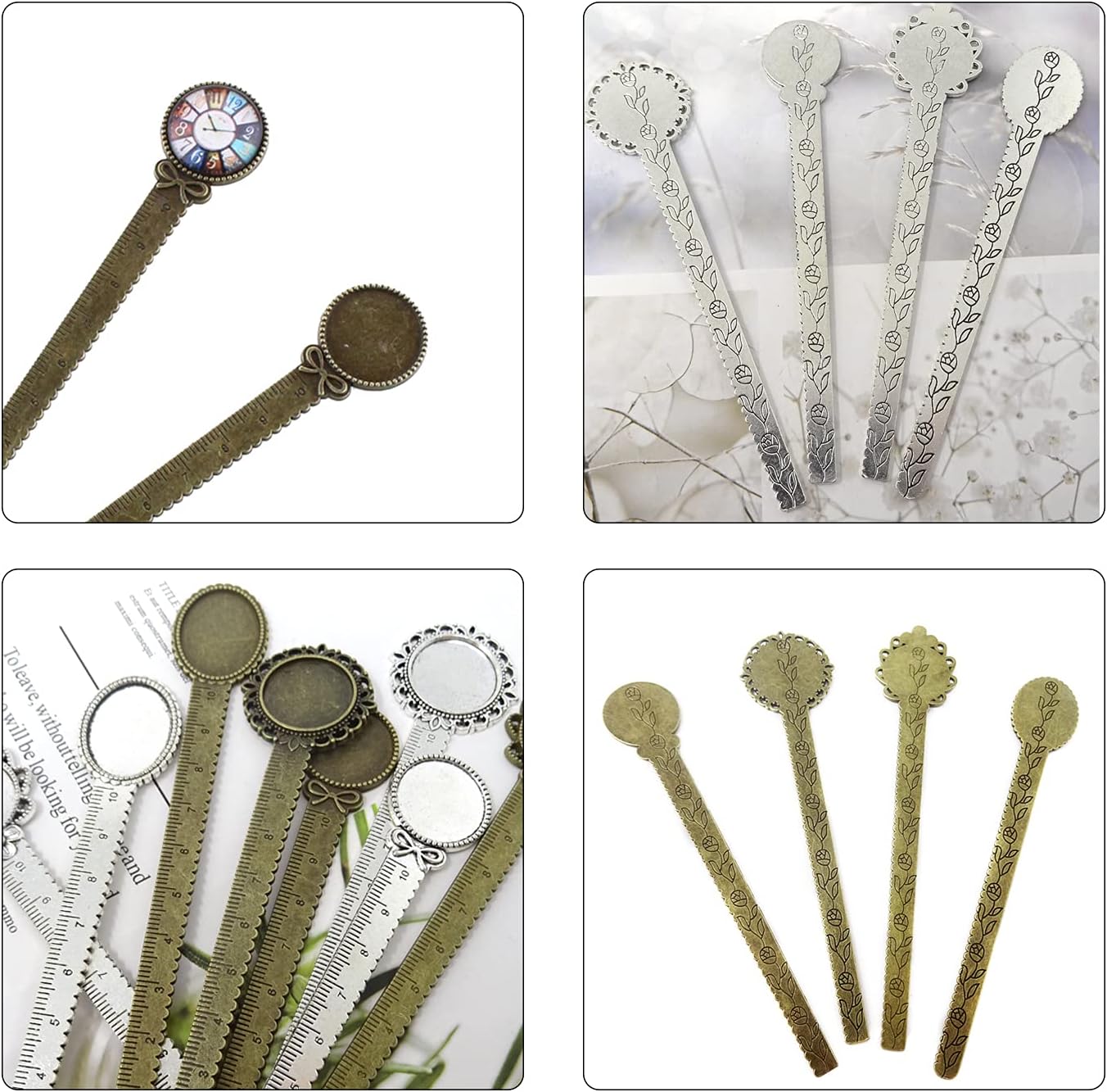 Honbay 8PCS Metal Bookmark Ruler Book Page Marker Retro Ruler Bookmark Pendant Tray Kit for School Office Supplies and Book Gifts Making (4 Styles, 2 Color)