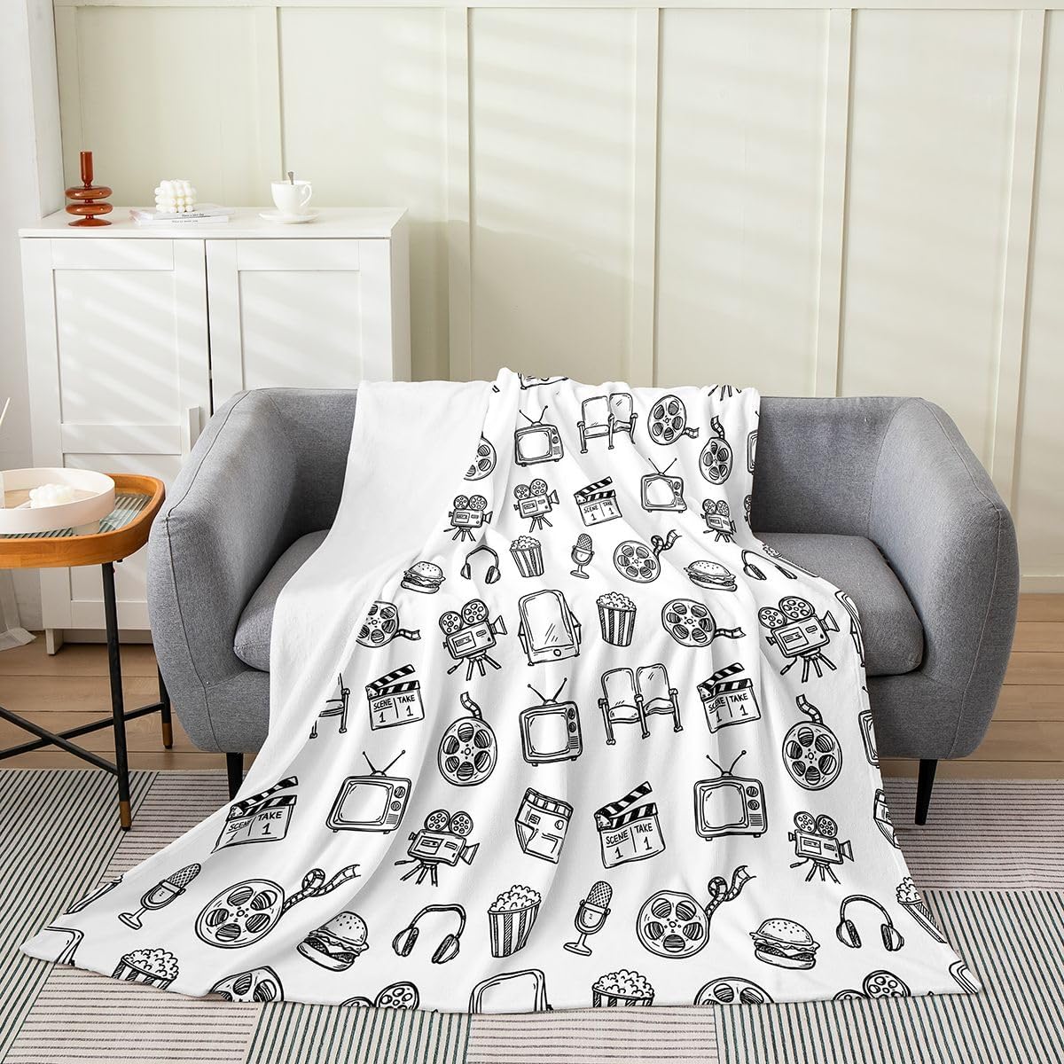 Feelyou Cinema Pattern Plush Throw Blanket White Line Art Movie Flannel Blanket Twin 60"x80" Retro Cinema Aesthetic All Season Cute Movie for Couch Bed Sofa Bedroom Decor