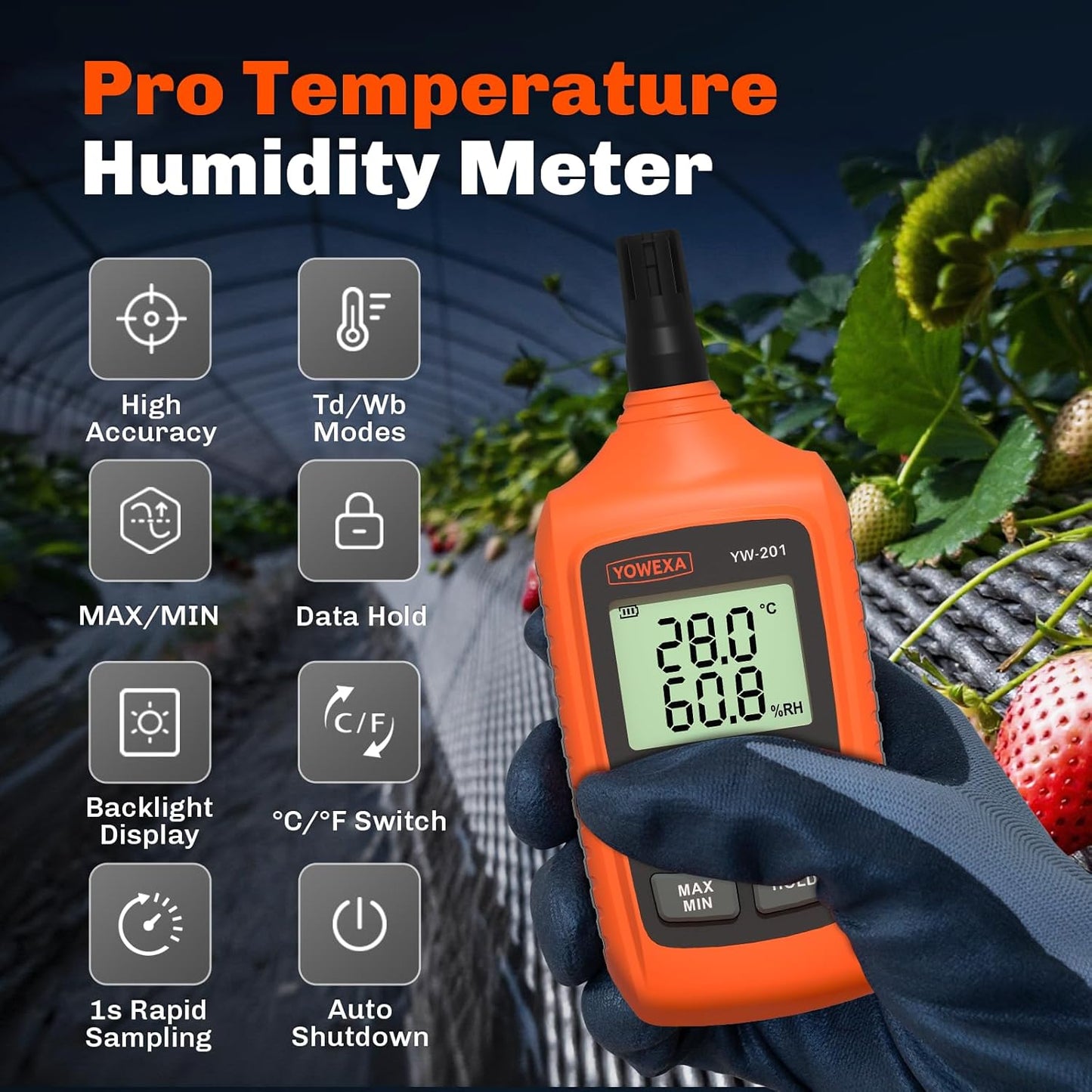YW-201 Temperature Humidity Meter Digital Psychrometer, Thermometer Hygrometer with Dew Point & Wet Bulb, Max/Min, Data Hold, LCD Backlight
