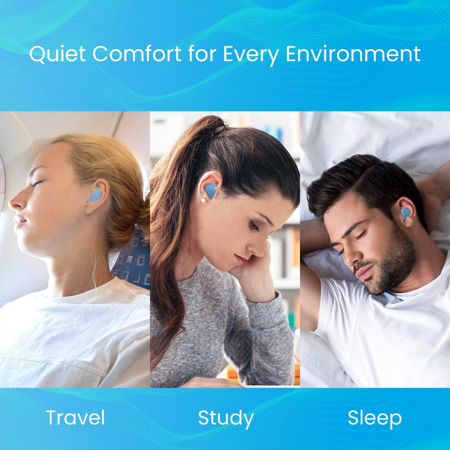 Comfortable Moldable Ear Plugs - 12 Pairs Soft Silicone Gel Earplugs for Noise Cancelling, Sleeping and Swimming, 32 dB Noise Reduction Rating (NRR) Blue