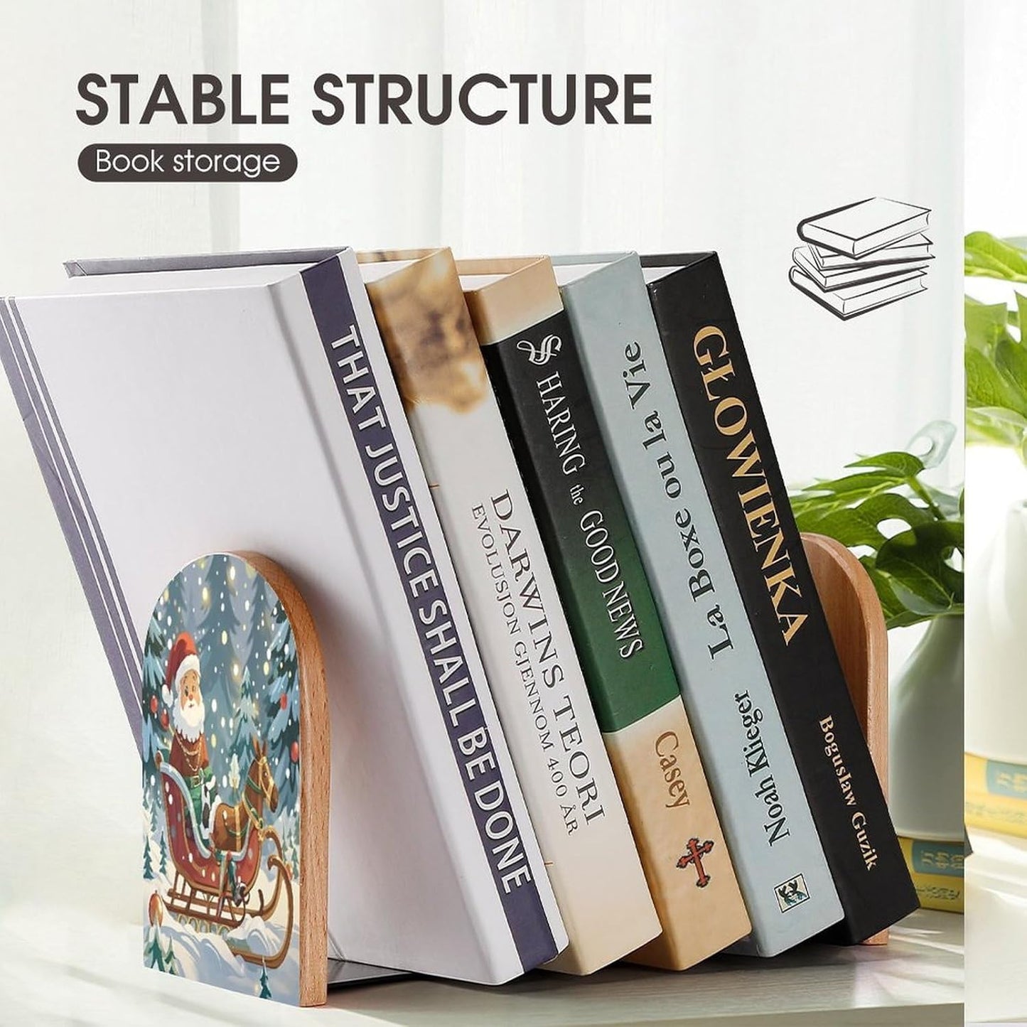 Christmas Sleigh Bookends 1 Pair Heavy Duty Book Ends for Shelves Non-Skid Bookend Supports Wooden Book Holders with Metal Base Desk Organizers Books Storage to Hold Books
