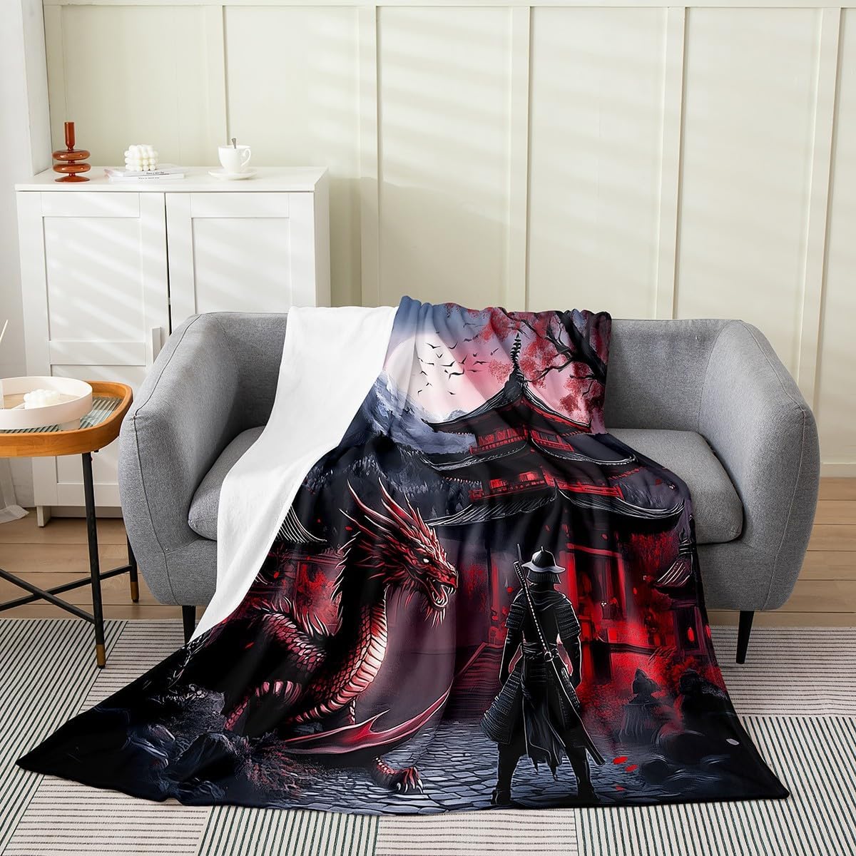Feelyou Dragon Flannel Fleece Throw Blanket Throw 50"x60" Samurai All Season Bed Blanket for Sofa Couch Japanese Style 3D Dragon Theme Anime Ancient Wildlife Fuzzy Blanket Red Plush Blanket Room Decor