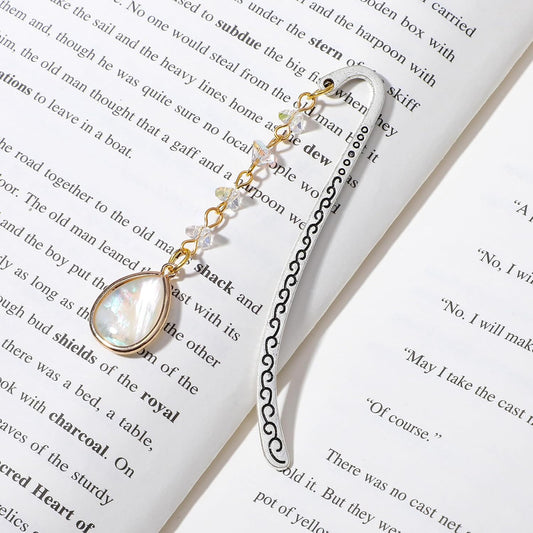 Vintage Metal Bookmark, Bookmark with Pendant, Embossed Bookmarks Elegant Opal Bookmarks with Drop Shell&Clear Quartz Crystal Stones Bead Chain for Women Men Book Lovers Teachers Girls (Silver)
