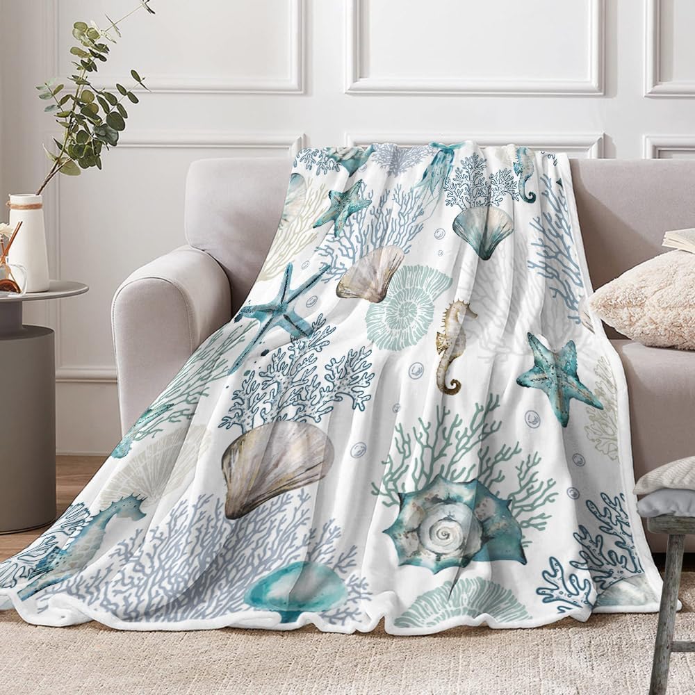 Nautical Beach Throw Blanket, Summer Coastal Ocean Themed Blankets for Adults Kids Woman, Sea Starfish Seashell Coral Teal Throws Blankets for Couch Bed Room Sofa Decor,50X60IN