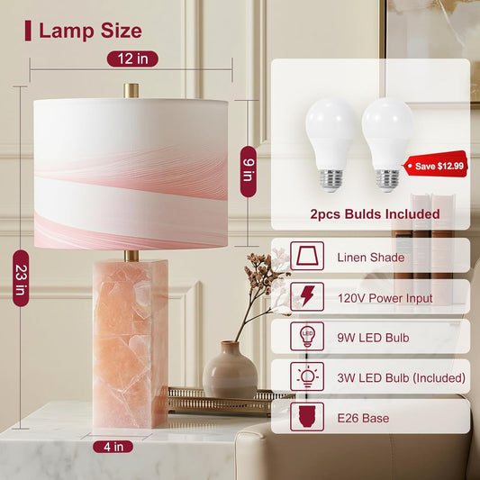 Scenekoy 23" Alabaster Table Lamp Set of 2 with Night Light for Bedroom Living Room, Rotary Switch, Pink Modern Table Lamp with Linen Shade, Nightstand Lamps for Room Bedside Office (Bulb Included)