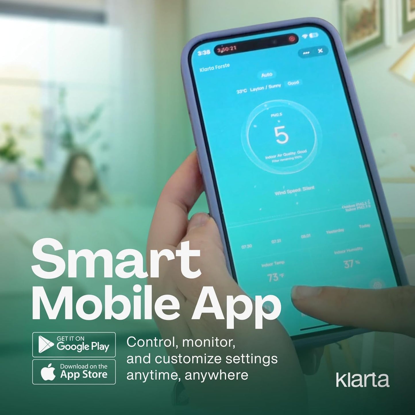 Air Purifier for Home - Smart WiFi App - Ultra Quiet 20 dB - Removes Allergens, Smoke & Odors - 99.97% Particle Filtration - Up to 1200 ft - Klarta Forste Wood Black