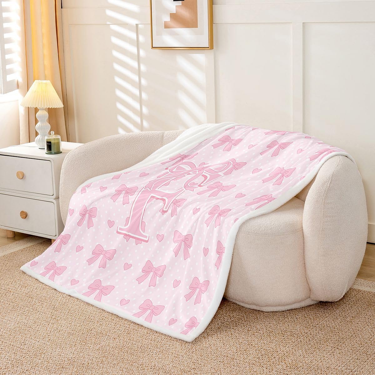 Feelyou Cute Pink Bow Sherpa Throw Blanket for Couch Monogrammed Super Soft Cozy Fleece Personalized Initial F Blanket Plush Throw Kawaii Coquette Bow Knot Baby 30"x40" Dreamy Princess Style