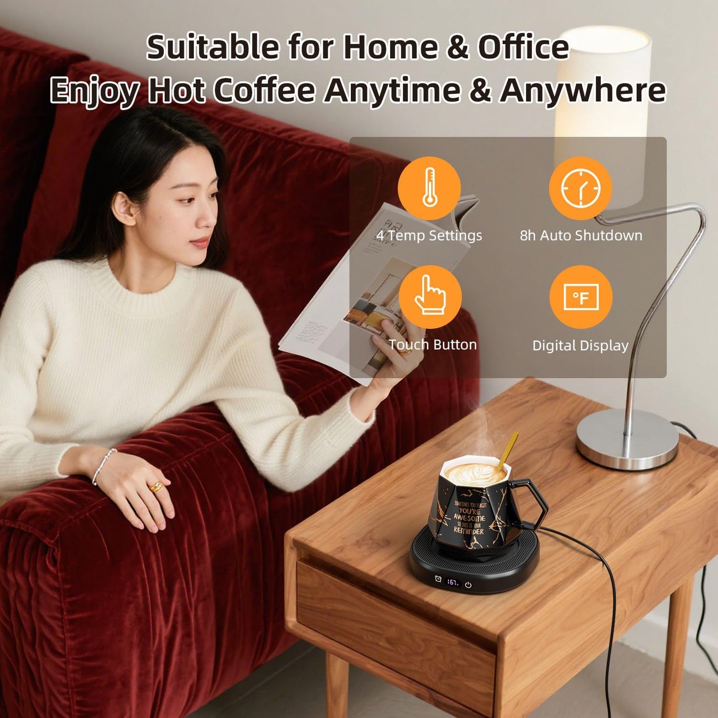 Coffee Mug Warmer & Awesome Mug Set, Smart Heated Electric Coffee Cup Warmer for Desk Office, 4 Temperature Control Tea Coffee Beverage Warmer, 8 Hours Auto Shut Off, Birthday Gifts for Women Man