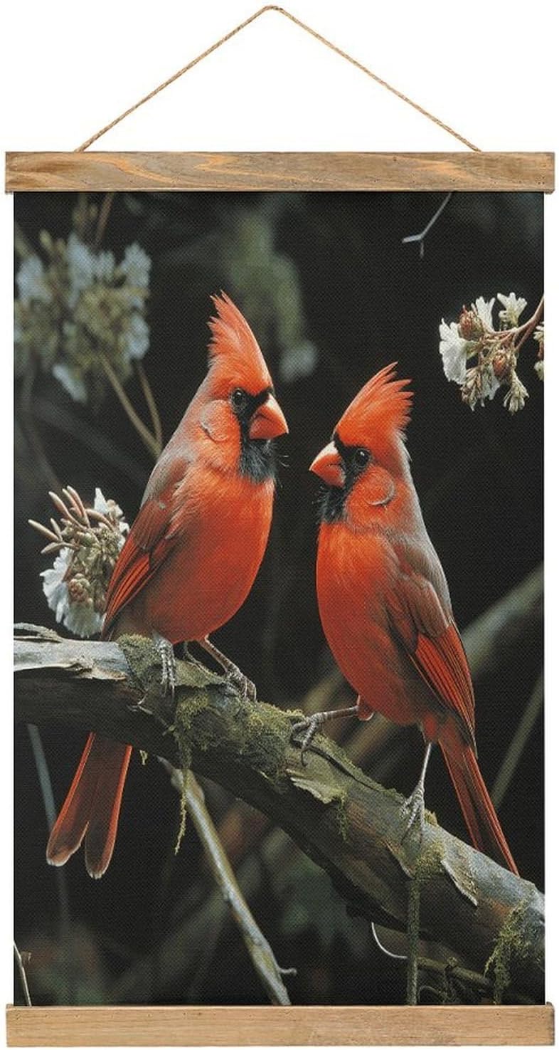 Vintage Cardinals Birds Fauna Wild Poster with Wooden Frame Personalized Linen Hanging Scroll Painting Rustic Wall Hanging Illustrative Modern Artwork Decor for Home Living Room Bedroom Office