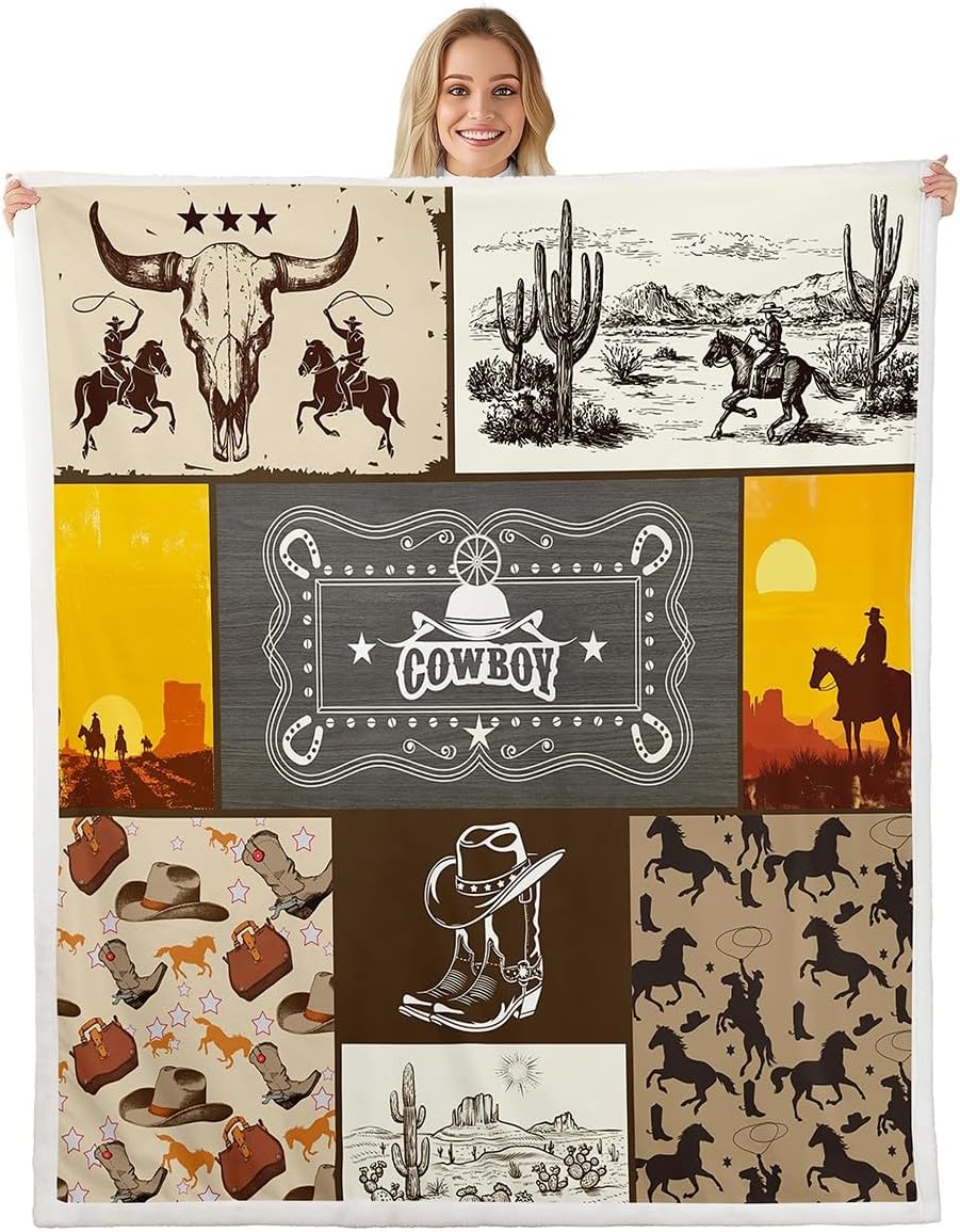 Western Cowboy Kids Throw Blanket,Cowboy Boots Horseshoe Farmhouse Bed Blanket for Boys Girls Adults,Cow Skull Cactus Rustic Fleece Blanket,Brown Retro Fuzzy Blanket,Throw Size (50 x 60 Inches)