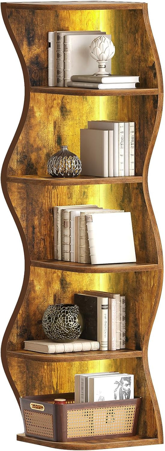 6-Tier Corner Bookshelf with LED Light — 59.3 in Tall, Wooden, Rustic Brown
