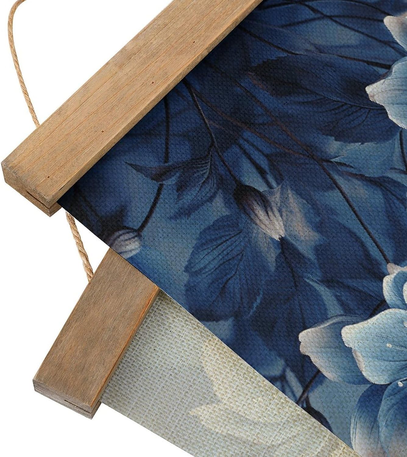 Vintage Blooming Blue Flowers Poster with Wooden Frame Personalized Linen Hanging Scroll Painting Rustic Wall Hanging Illustrative Modern Artwork Decor for Home Living Room Bedroom Office