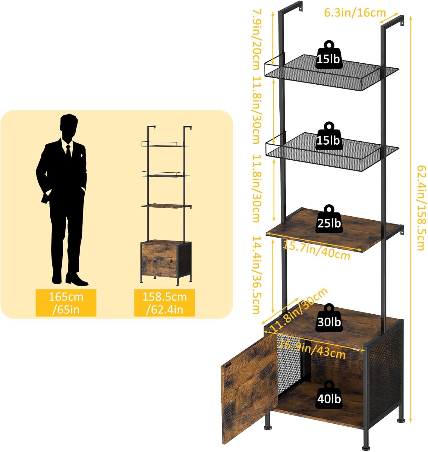 Shinoske Ladder Bookshelf,5 Tier Book Shelf with Storage Cabinet,Wall Mounted Industrial Bookcase for Small Space,Metal Frame,Tall Display Shelf for Living Room,Corner,Bedroom,Office,Brown