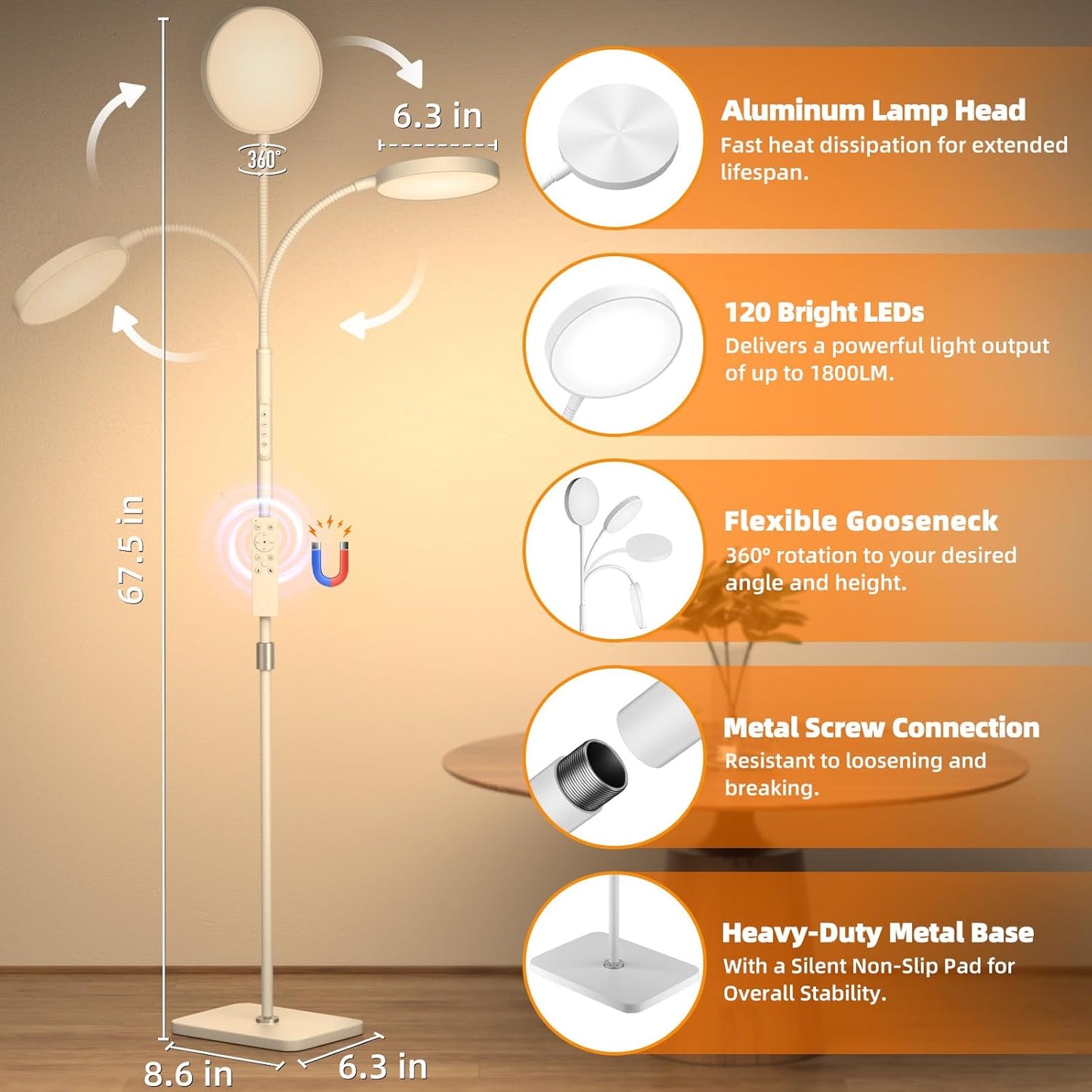 Floor Lamp, Adjustable Height Floor Lamps for Living Room Bedroom, 252 LED Super Bright Standing Lamp Remote Control, Dimmable Gooseneck Tall Stand Reading Lamp Light for Office Craft, White