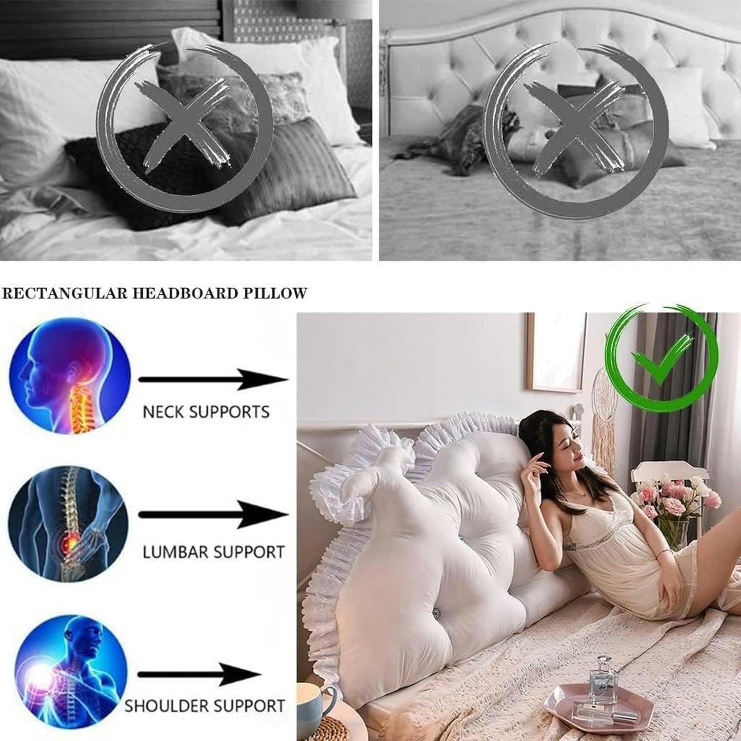 Solid Color Headboard Cushions, Removable Large Twin Back Pillow Peal Cotton Filled Bolster Soft Wedge Reading Body Pillow Bed Rest Pillows(Bean Paste,200cm)