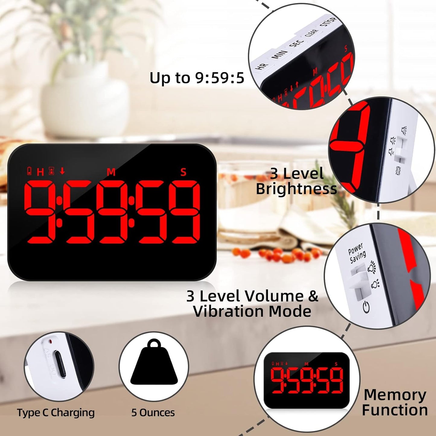 Kitchen Digital Timer, Count Down Up, Rechargeable, Vibration Mode Adjustable Volume and Brightness LED Display, Time Management Cook, Desk, Kids Adults Study Teaching, Kitchen Gadgets RGB