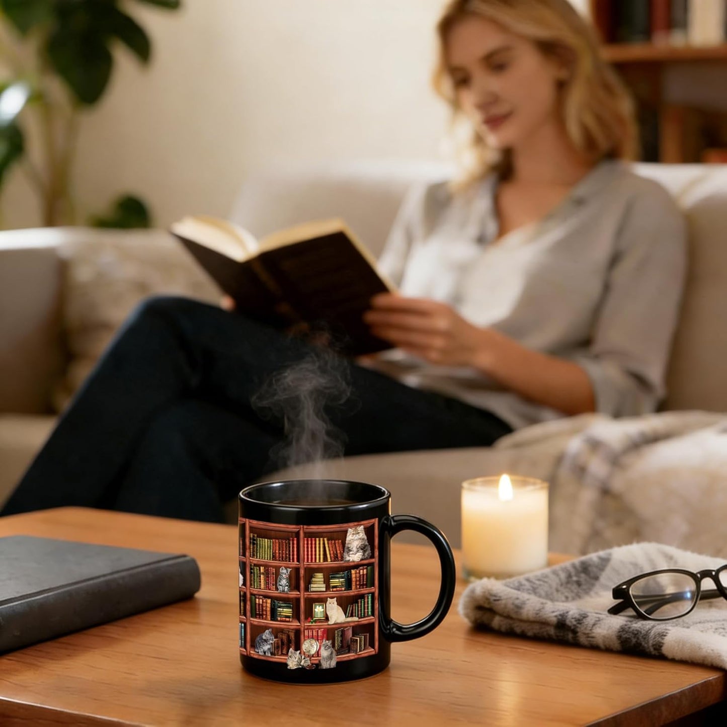 Coffee Mug for Book Lovers - Cat Mugs for Cat Lovers - Funny Mugs Charming Gifts for Book Lover Women and Cute Gifts for Writers & Readers - Library Bookshelf Mug - 11oz Black Ceramic Coffee & Tea Cup
