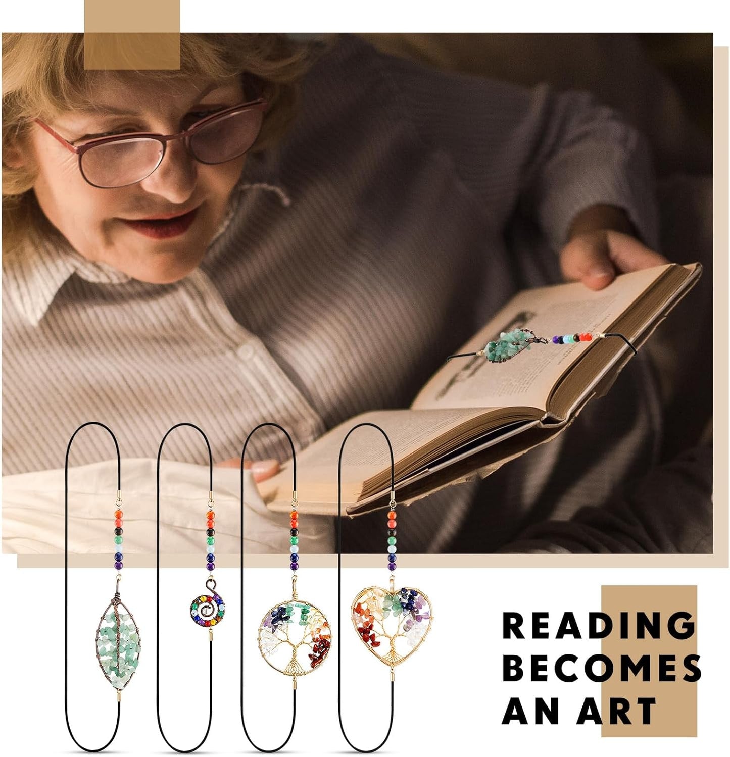 Sabary 4 Pieces Crystal Bookmarks for Book Lovers Tree Elastic Bookmark for Women Handmade Antique Beading 7 Chakra Crystals Tree Shape for Office Teacher Student Reading Birthday Gifts