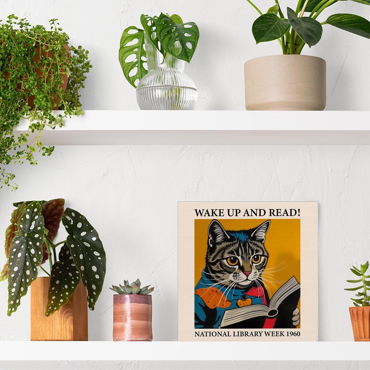 Cat Reading Sign Decor Wake Up and Read Wood Block Sign Inspiring Home Desk Table Shelf Decoration Reader Gift