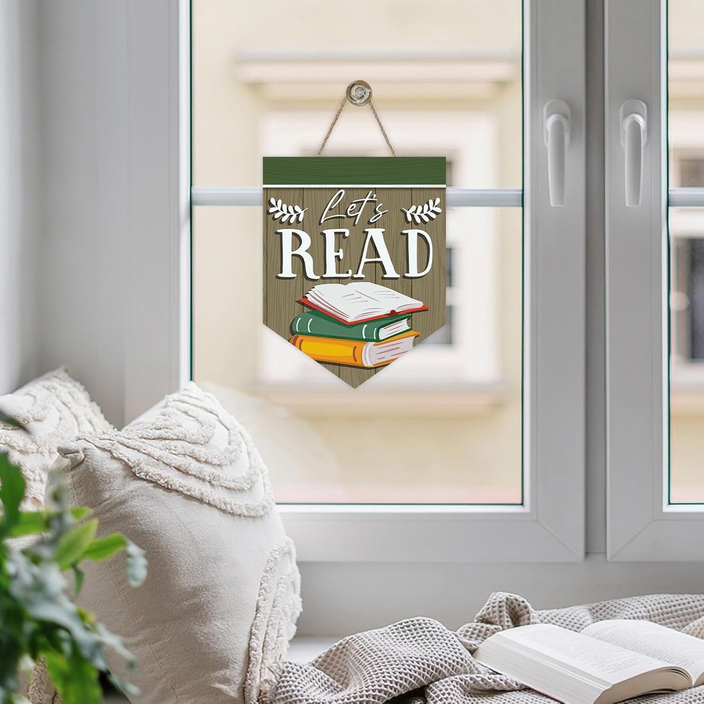 Reading Corner Let's Read Books Front Door Sign, Retro Inspirational School Classroom Library Wood Plaque Hanger, Farmhouse Wooden Wreath Indoor Wall Hanging Home Decor Book Lover Gift