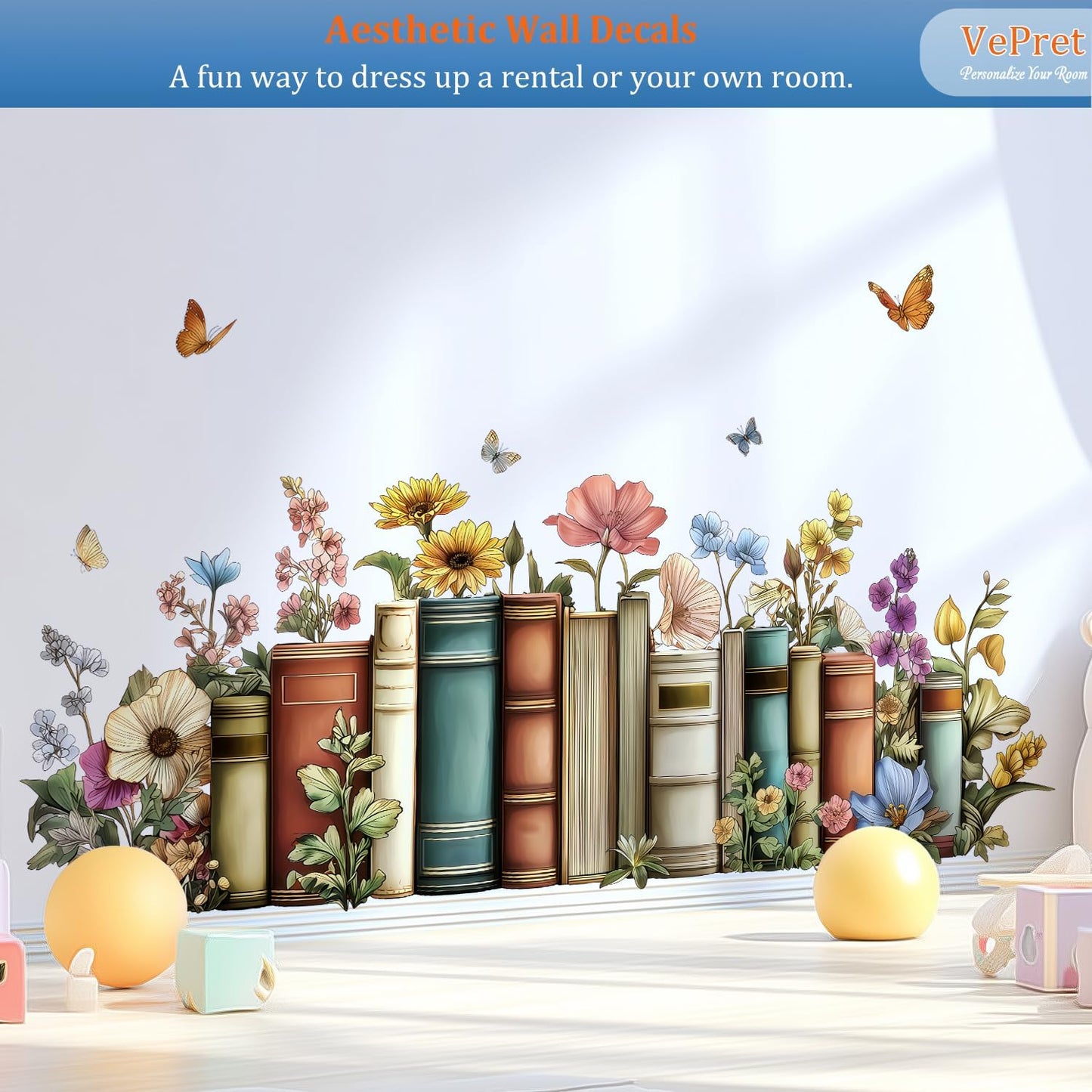 Flowers Books Wall Decals Peel and Stick, Vintage Floral Botanical Library Vinyl Wall Decor, Butterflies Removable Room Home House Wall Stickers & Murals for Bedroom Living Room Office